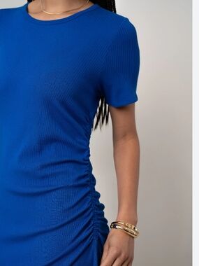 Blue Short Sleeve Side-Ruched Dress